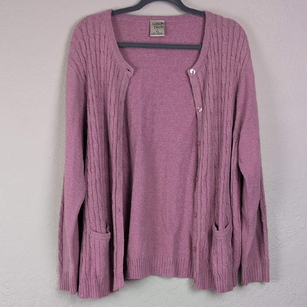 True Y2K Allison Daley Knit Cardigan Size 2X Mauve Pink Cable Knit Pockets